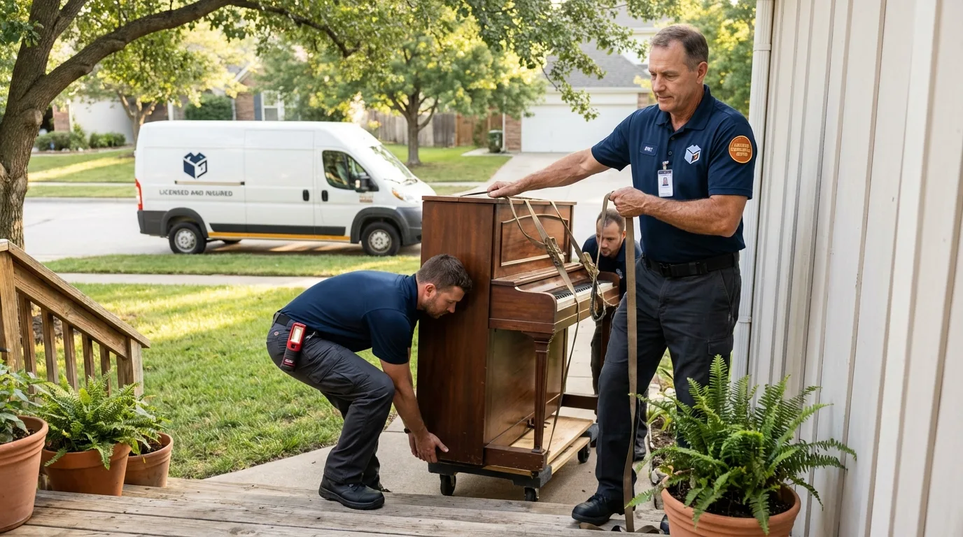 Licensed piano movers securing grand piano in Lake City, CO