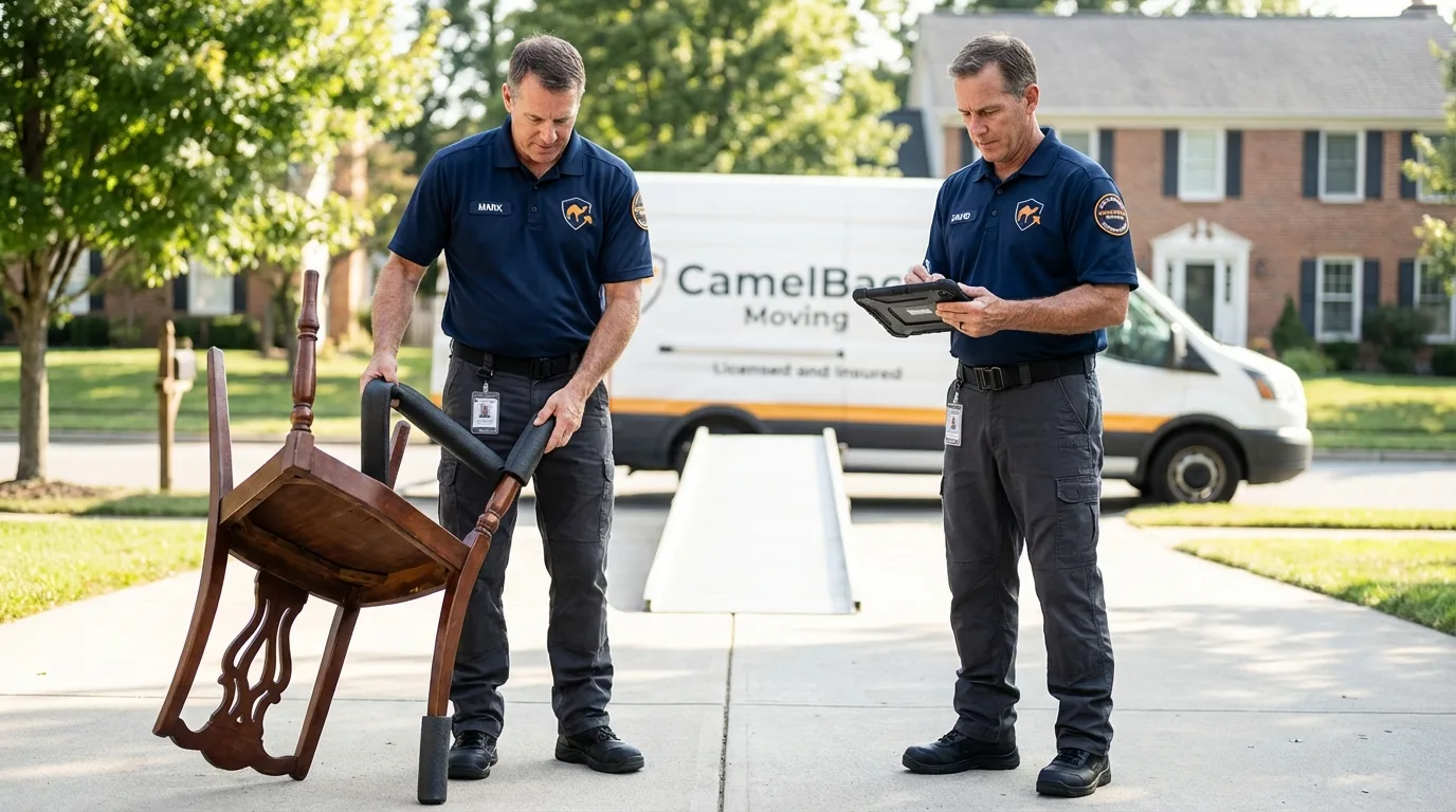 Movers inspecting furniture for damage prevention before loading in Lake City, CO