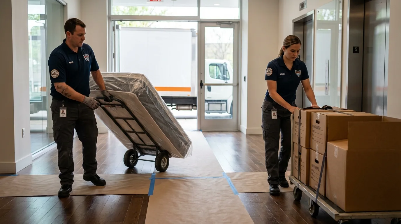 Professional apartment movers loading elevator in Lake City, CO